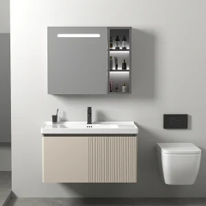 Reasonably priced PVC Lavatory Self-importance Cupboard with Aluminum LED Mirror and Fashionable Design, That includes a Ceramic Basin