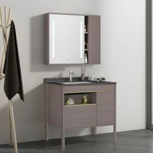 Modern Wall-Mounted PVC Rest room Self-importance with Sink and Picket-Type Medication Cupboard Mirror for Villas