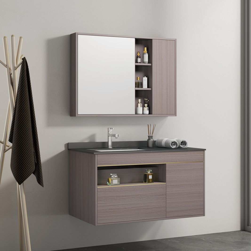 Modern Wall-Mounted PVC Rest room Self-importance with Sink and Picket-Type Medication Cupboard Mirror for Villas